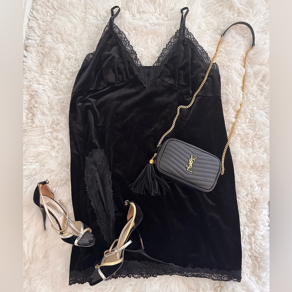 Vintage Black Velvet Slip Dress with Lace Trim & Slit